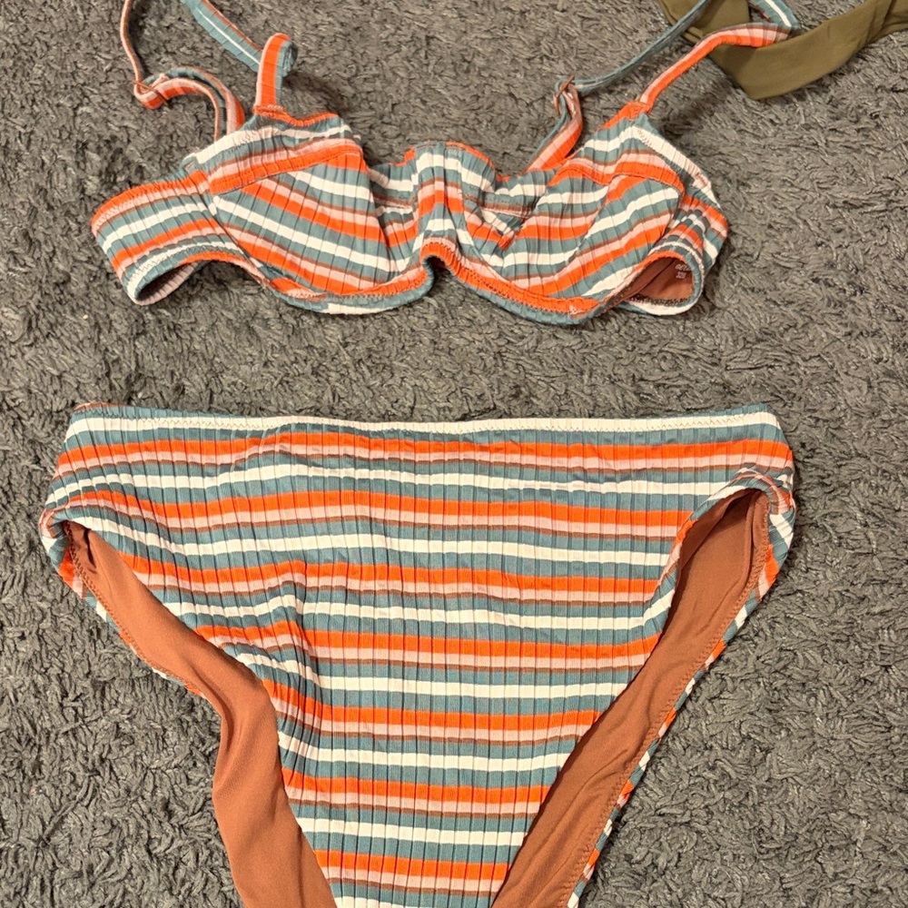 aerie Striped Ribbed Bikini Set in Orange, Blue, Cream